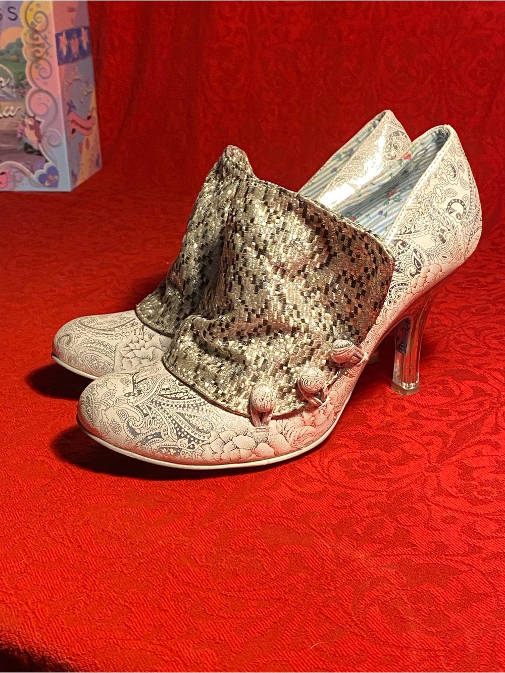 Irregular Choice Mutiny pumps,silver damask/tweed flap,clear heel/rose inside, 8